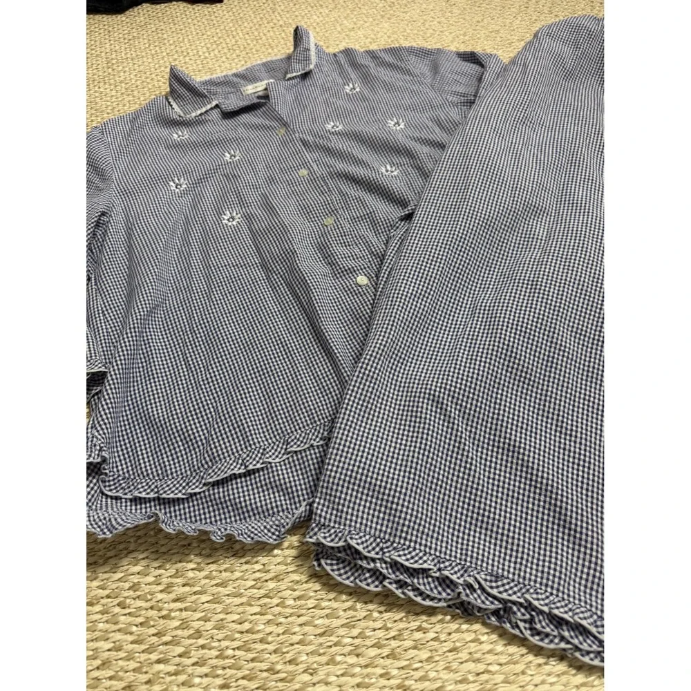 Miss Elaine Pajama Set Womens Large Blue Gingham Daisy Embroidered Ruffle Trim